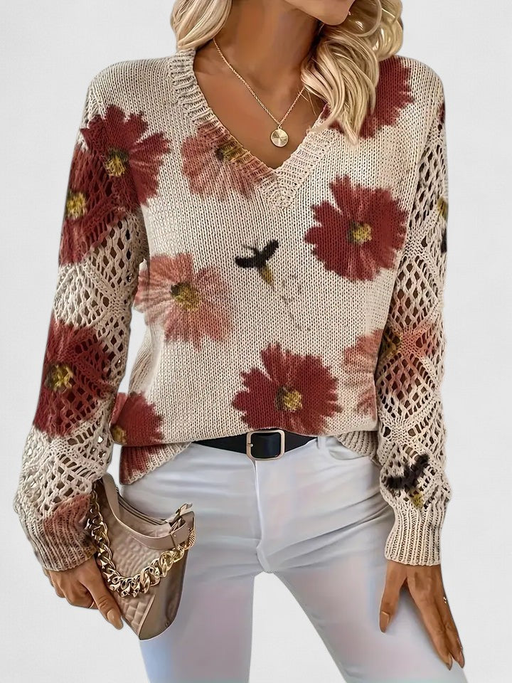 Damen Herbstbluse mit elegantem floralem Muster und V-Ausschnitt, perfekt für Büro & Freizeit.
