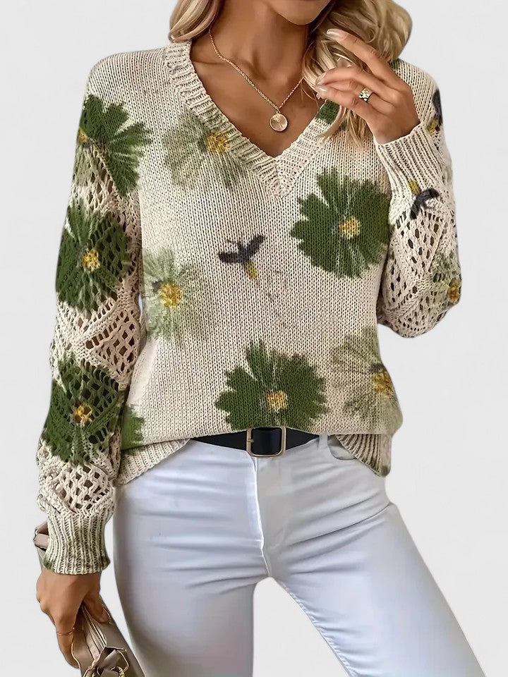 Elegante Langarm-Damenbluse, Herbst-Blumenprint, V-Ausschnitt, ideal für einen schicken Look.