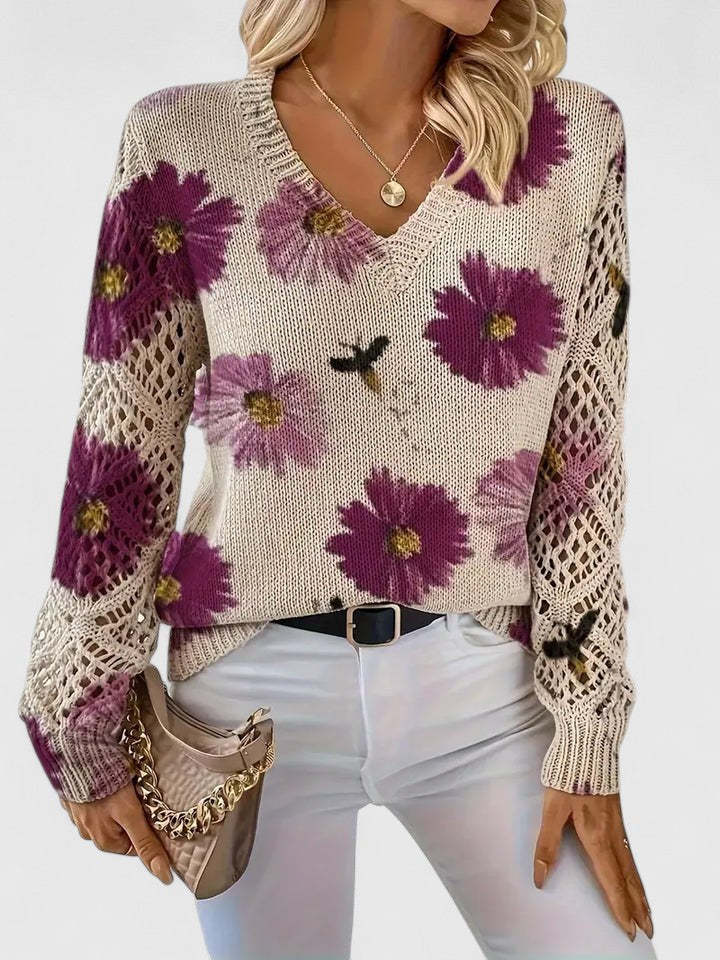 Elegante Damenbluse für den Herbst, florales Muster, V-Ausschnitt, ideal für Büro und Alltag.