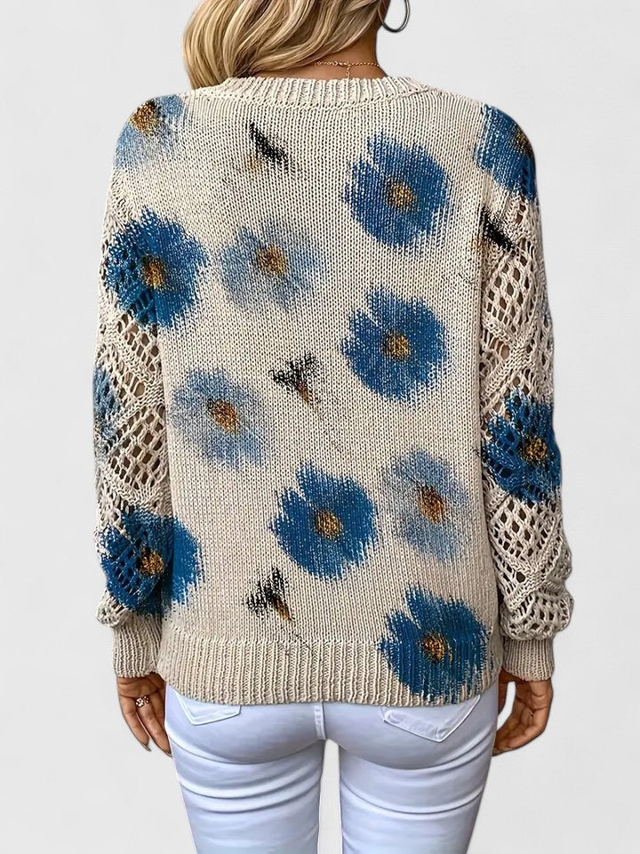 Damenbluse mit Herbst-Blumenmuster, Langarm, V-Ausschnitt, elegant und vielseitig kombinierbar.