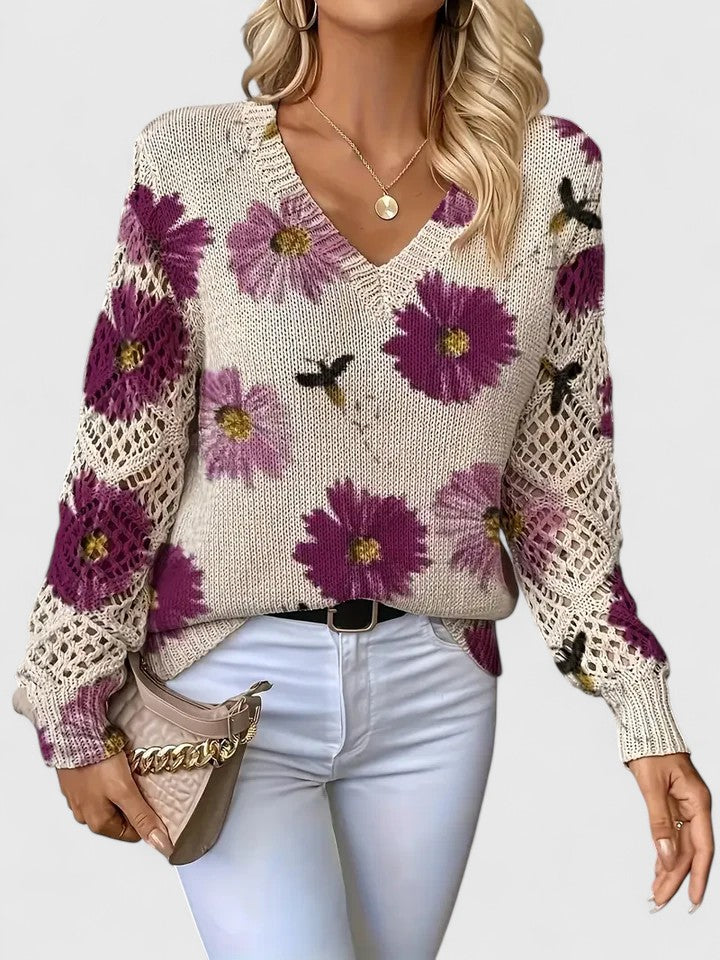 Trendige Damen Herbstbluse, florales Muster, V-Ausschnitt, stilvoll und angenehm zu tragen.