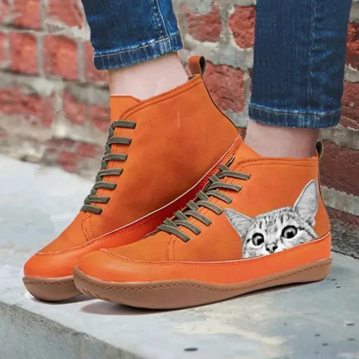 Bequeme, modische Damen High-Top Sneaker mit süßem Katzenmotiv; ideal als Freizeitschuh.
