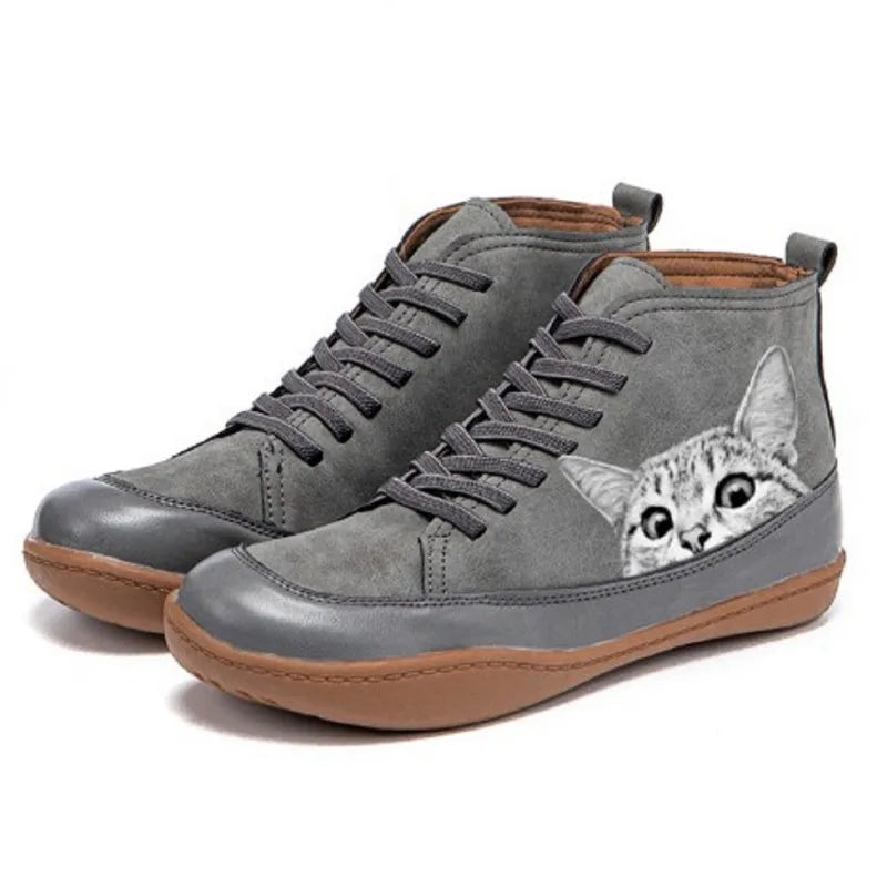 Komfortable Damen High-Top Sneaker mit verspieltem Katzenmotiv; stilvolle Freizeitschuhe für Frauen.