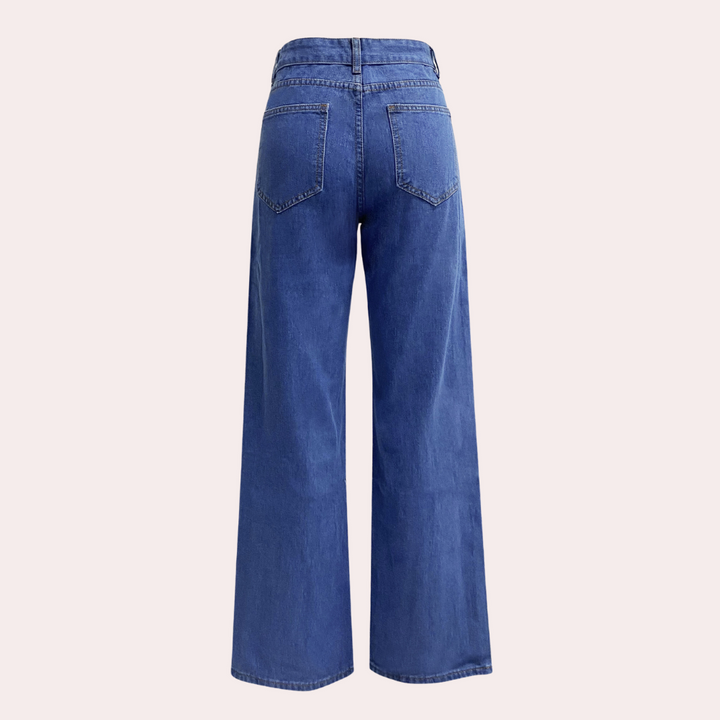 Hochtaillierte Damenjeans mit weitem Bein, betont die Taille und sorgt für eleganten, komfortablen Stil in der Alltagsmode.
