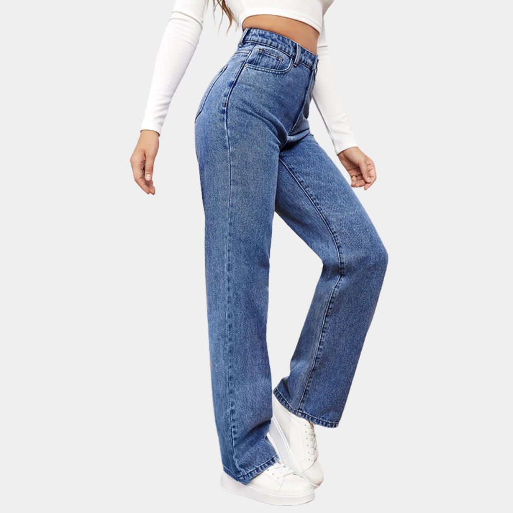 Elegante Damen Jeans mit hohem Bund und weitem Bein; perfekt für Freizeit und stilvolle Alltagsmode, bequemer Trend.