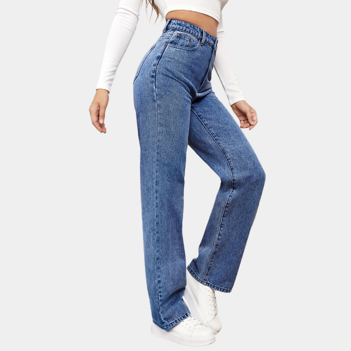 Elegante Damen Jeans mit hohem Bund und weitem Bein; perfekt für Freizeit und stilvolle Alltagsmode, bequemer Trend.