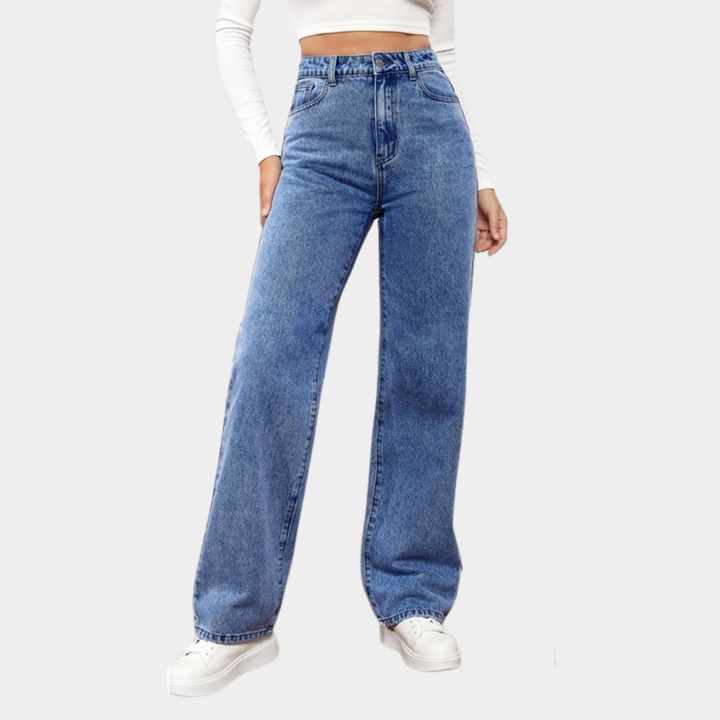 Trendige Damenjeans, hochtailliert und mit weitem Bein; komfortable Damenhose aus hochwertigem Denim für mühelosen Stil.