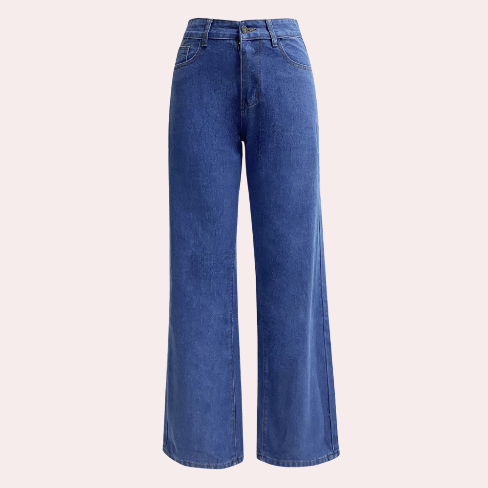 Detailansicht der hochtaillierten Damenjeans mit Knopf und weitem Bein; elegante und trendige Damenhose, sehr komfortabel.