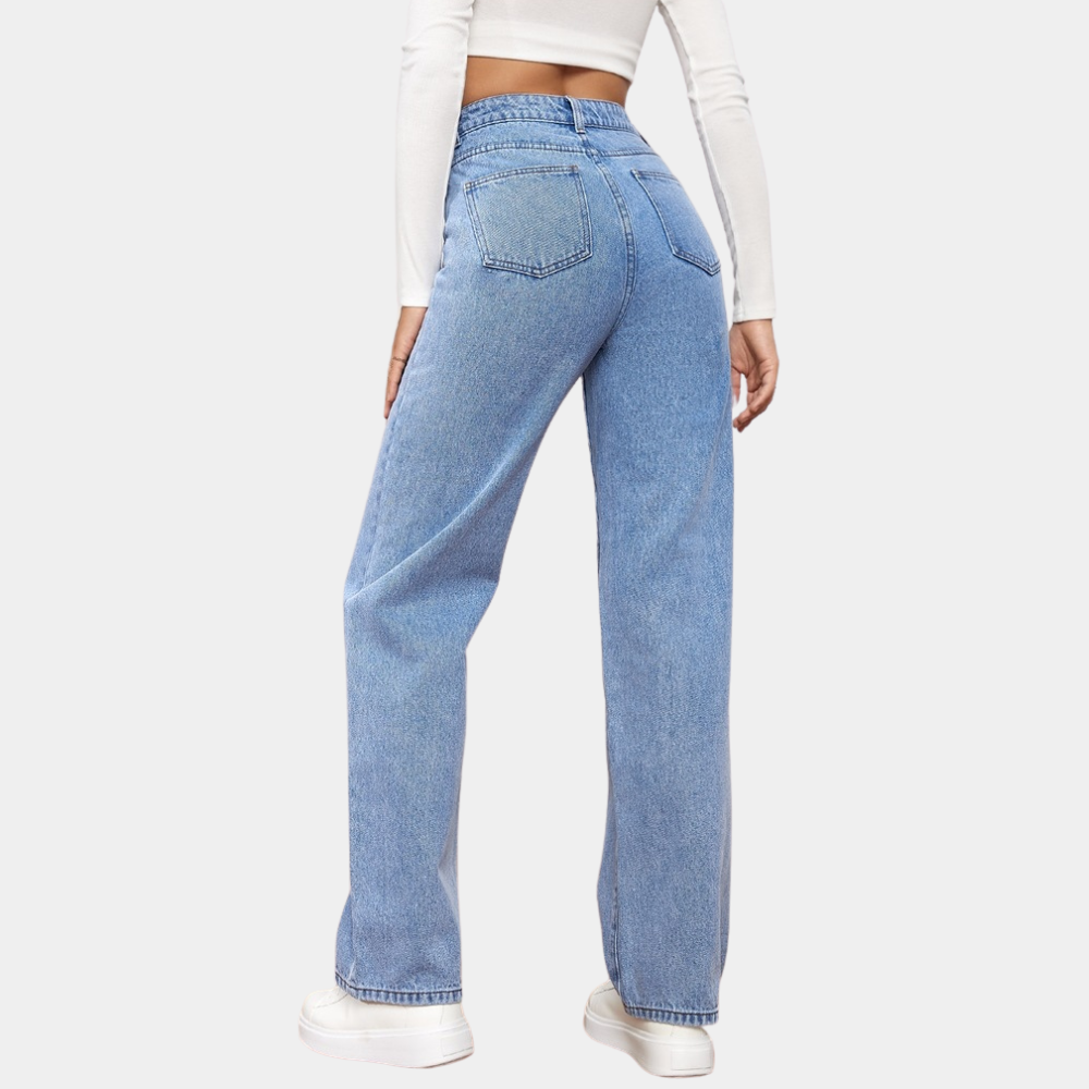 Rückenansicht der hochtaillierten Damenjeans mit weitem Bein, die für einen komfortablen und stilvollen Look sorgt; Freizeithose.