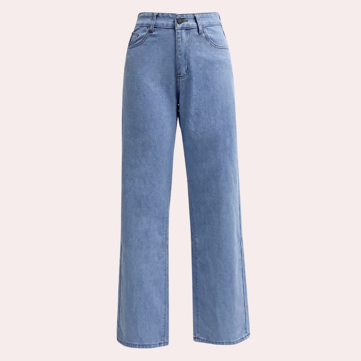 Seitenansicht der trendigen Damen Hochtaillierte Jeans mit weitem Bein; bequeme Damenhose für elegante Freizeitmode.