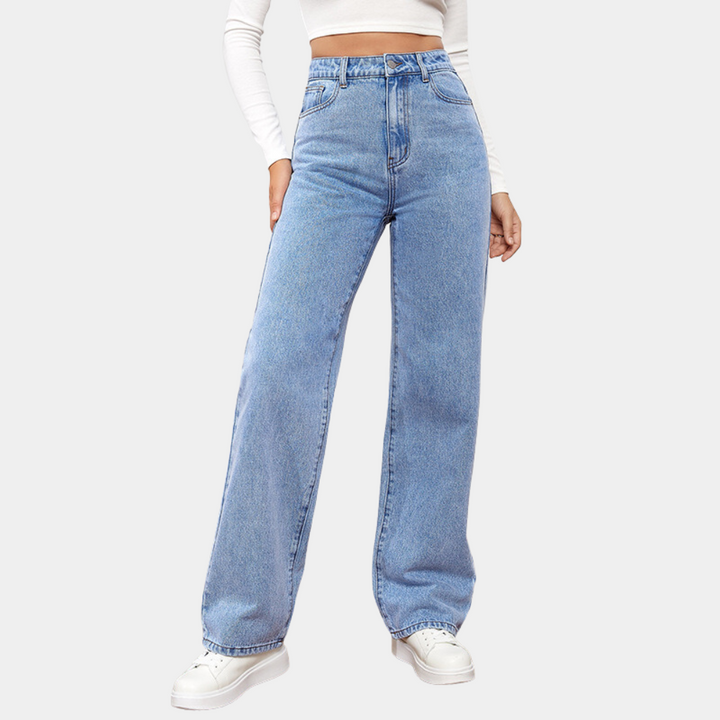 Gefaltete Damenjeans, hochtailliert und mit weitem Bein; komfortable und stilvolle Damenhose für mühelose Alltagsmode.