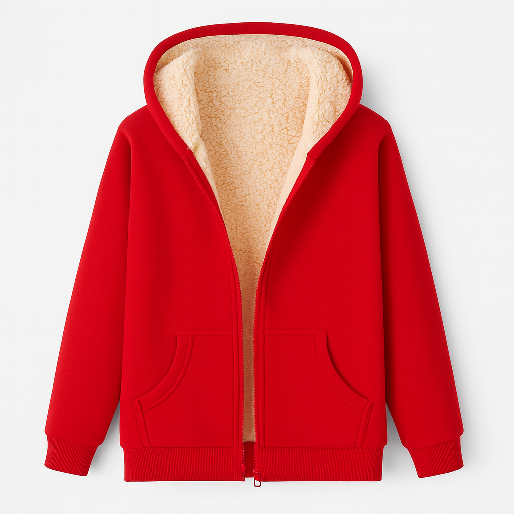 Nahaufnahme des weichen, texturierten Stoffes vom Damen Hoodie mit Reißverschluss. Kuschelig und hautfreundlich.