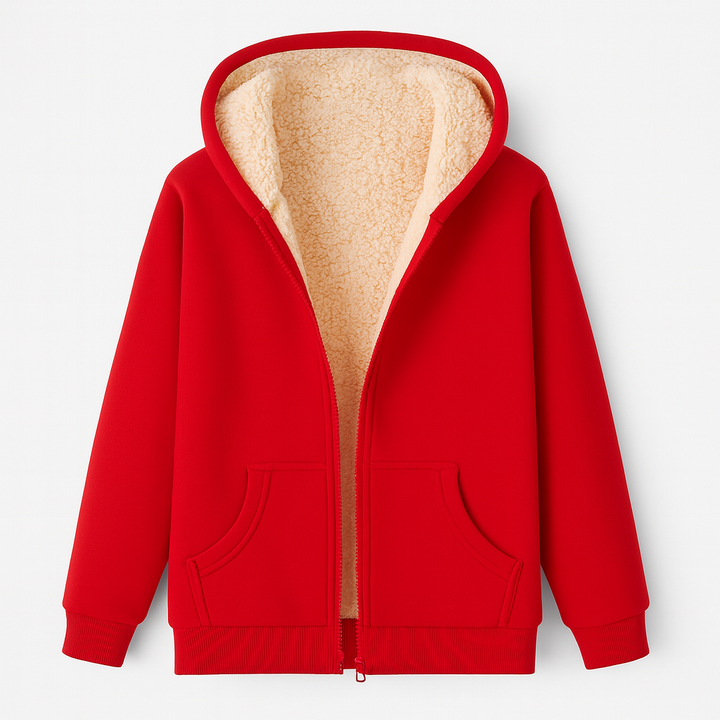 Nahaufnahme des weichen, texturierten Stoffes vom Damen Hoodie mit Reißverschluss. Kuschelig und hautfreundlich.