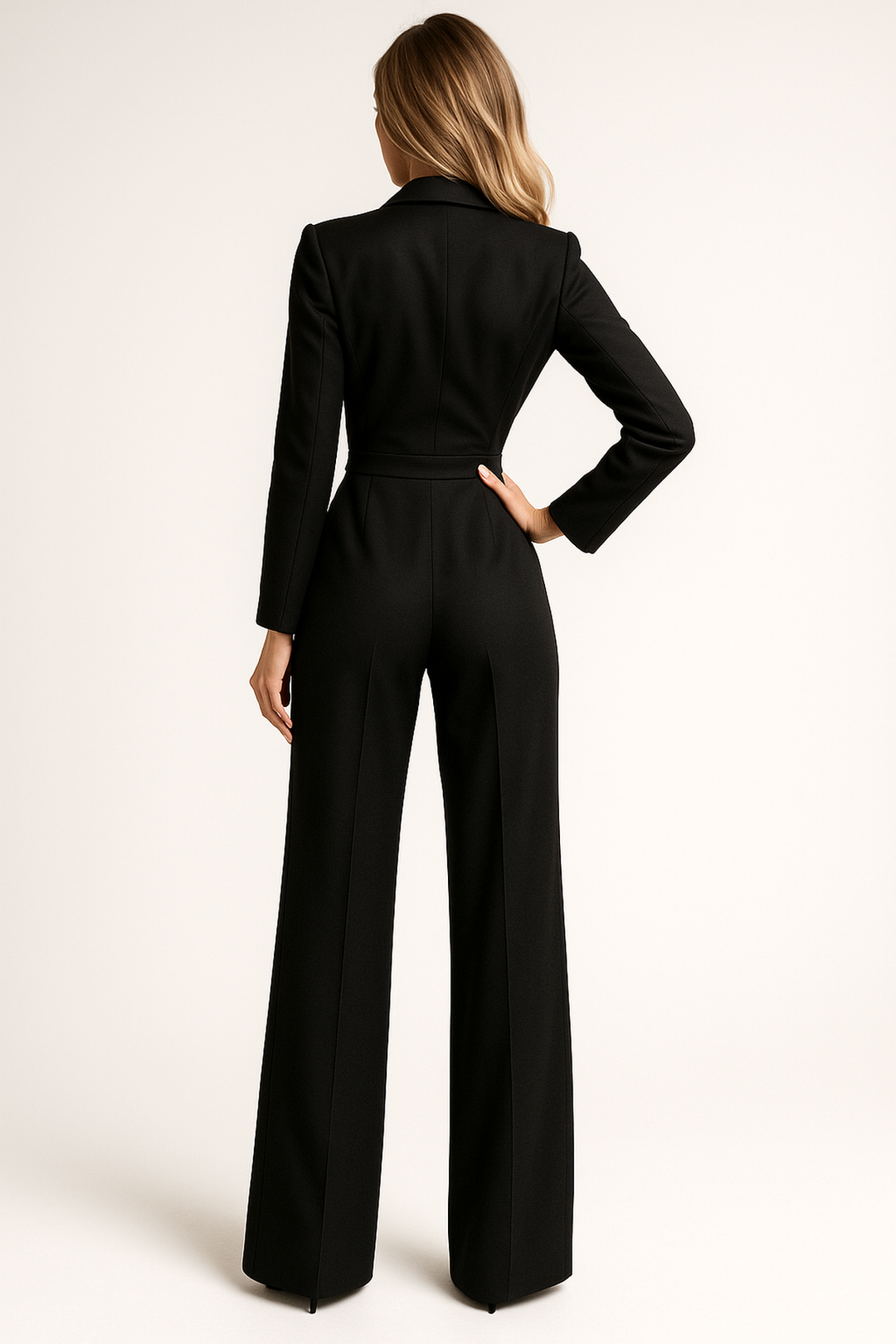 Moderner Damen Jumpsuit mit V-Ausschnitt und weitem Bein. Ein komfortabler, vielseitiger Einteiler.