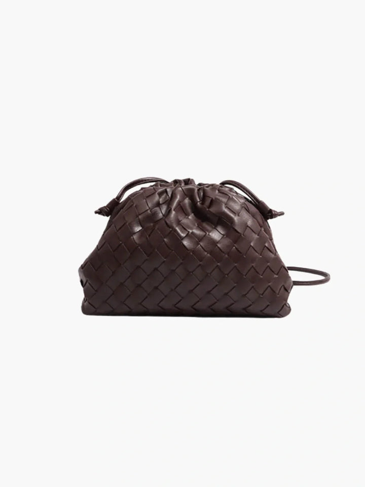 Stylische Damen Kordelzugtasche aus geflochtenem Kunstleder, als Handtasche oder Umhängetasche tragbar.
