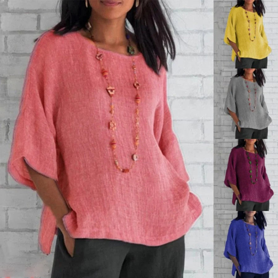 Elegante rosa Damen Kurzarm-Tunic, luftig & bequem für warme Frühlingstage. Vielseitiges, atmungsaktives Hemd.