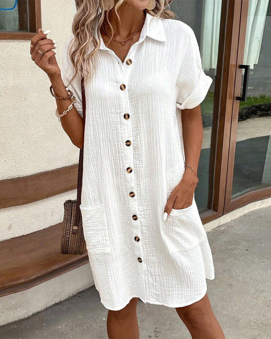 Damen Langarm Hemdkleid mit Knopfleiste. Ideal für Frühling & Sommer. Lässiger, stilvoller Look.