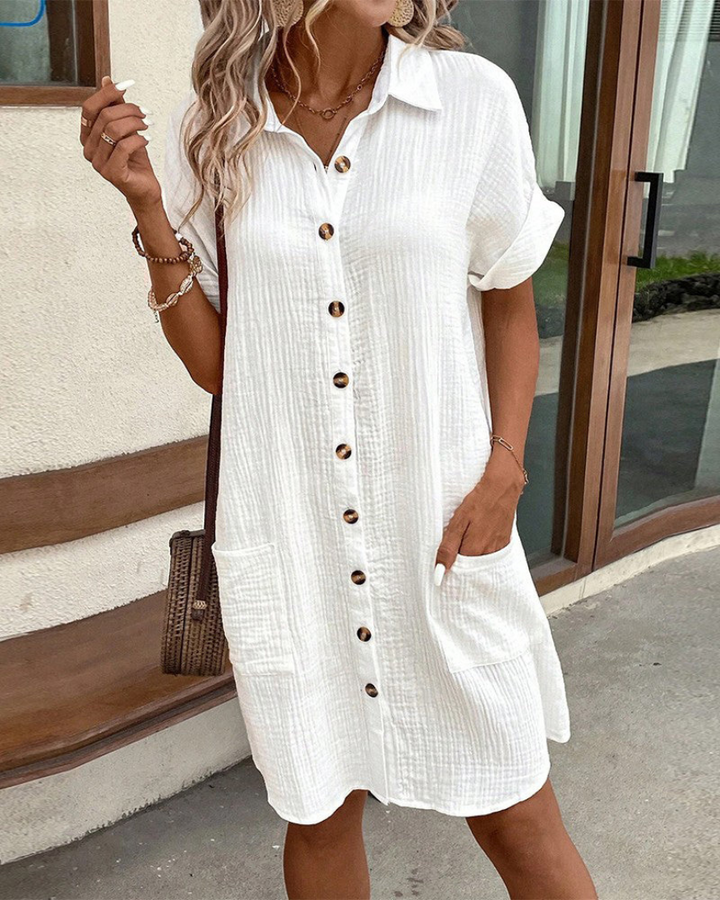 Damen Langarm Hemdkleid mit Knopfleiste. Ideal für Frühling & Sommer. Lässiger, stilvoller Look.