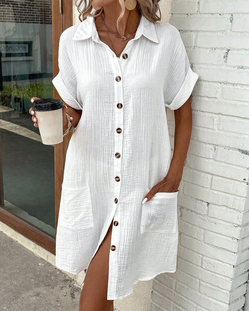 Elegantes Damen Langarm Hemdkleid mit durchgehender Knopfleiste. Perfekt für Büro, Freizeit & Frühling.