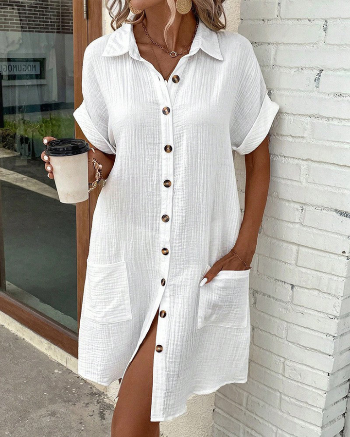 Elegantes Damen Langarm Hemdkleid mit durchgehender Knopfleiste. Perfekt für Büro, Freizeit & Frühling.