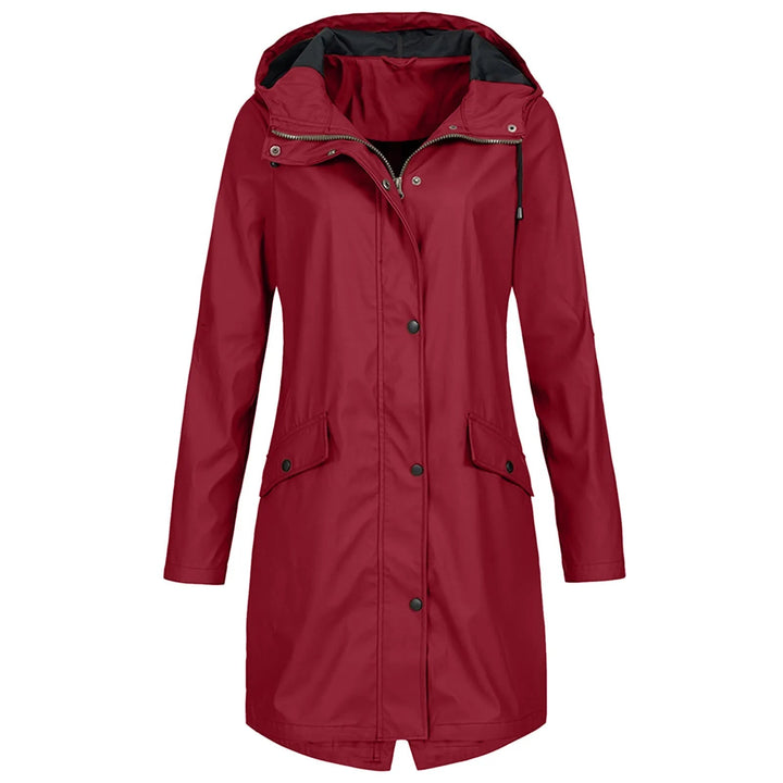 Damen lange Regenjacke mit Kapuze, wasserdicht und stilvoll, perfekt für Frühling und Herbst.