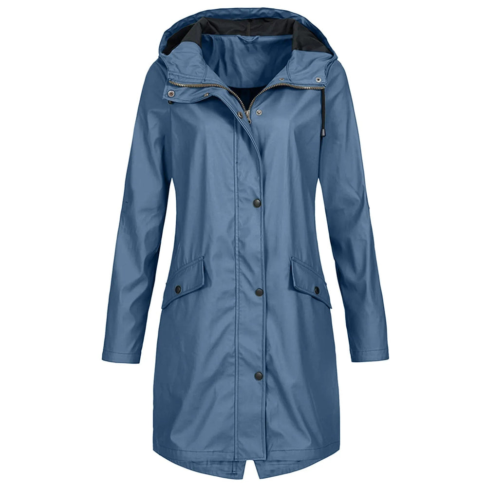 Moderne lange Damen-Regenjacke mit Kapuze, ideal für Outdoor-Aktivitäten und Freizeit bei jedem Wetter.