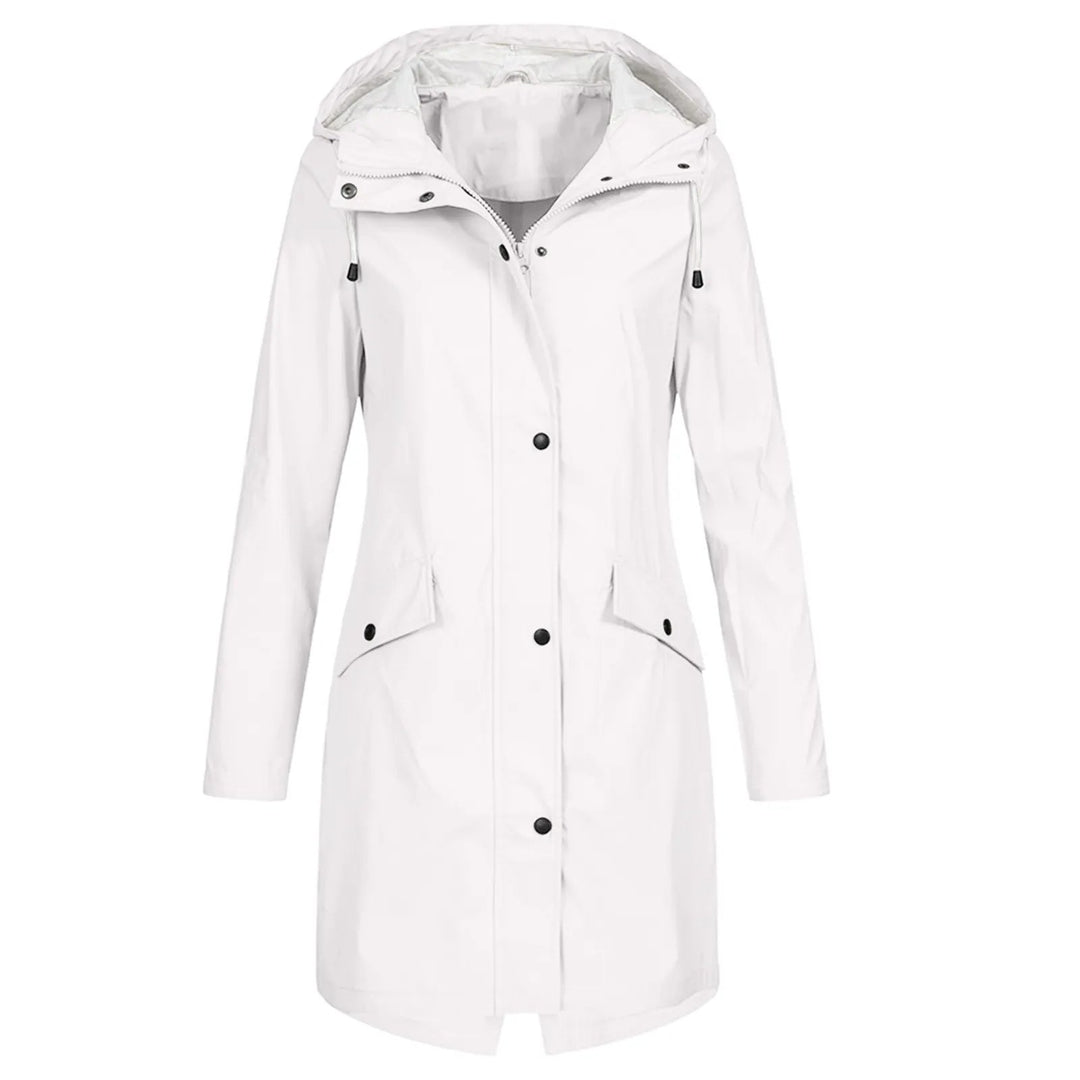 Elegante lange Damen-Kapuzenjacke, wasserdicht und atmungsaktiv, ideal für stilvolle Auftritte im Frühling.