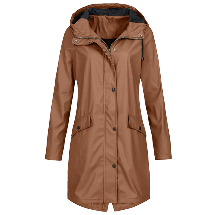Praktische lange Regenjacke für Damen mit Kapuze, schützt effektiv vor Wind und Regen, modern & bequem.