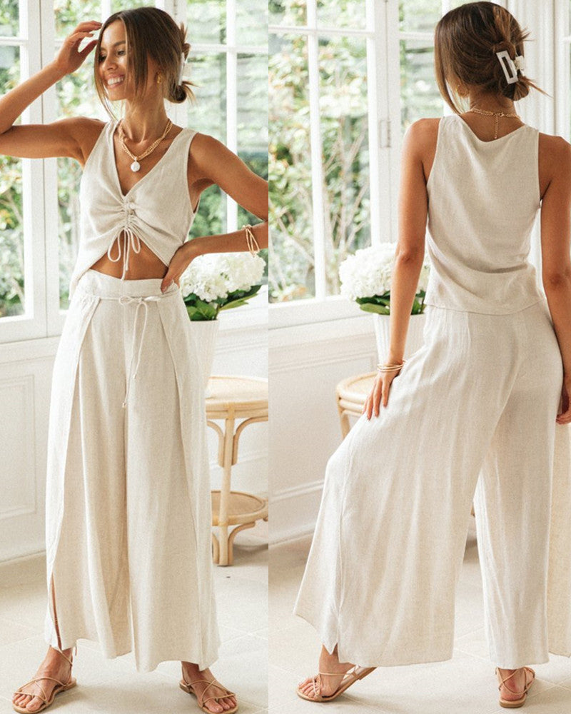 Luftig-leichtes Damen String-Set, ideal für den Sommer. Bequemer, kurzer Zweiteiler für modische Freizeitoutfits.