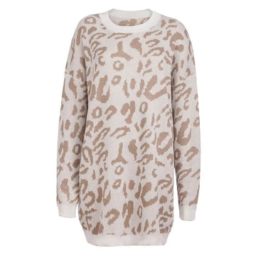 Damen Leopard Strickpullover mit Rundhals, warm & elegant für Herbsttage.
