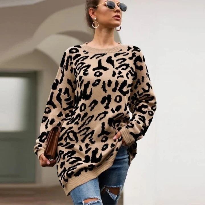 Warmer Damen Leoparden Pullover für den Herbst, modisches Freizeit Oberteil.