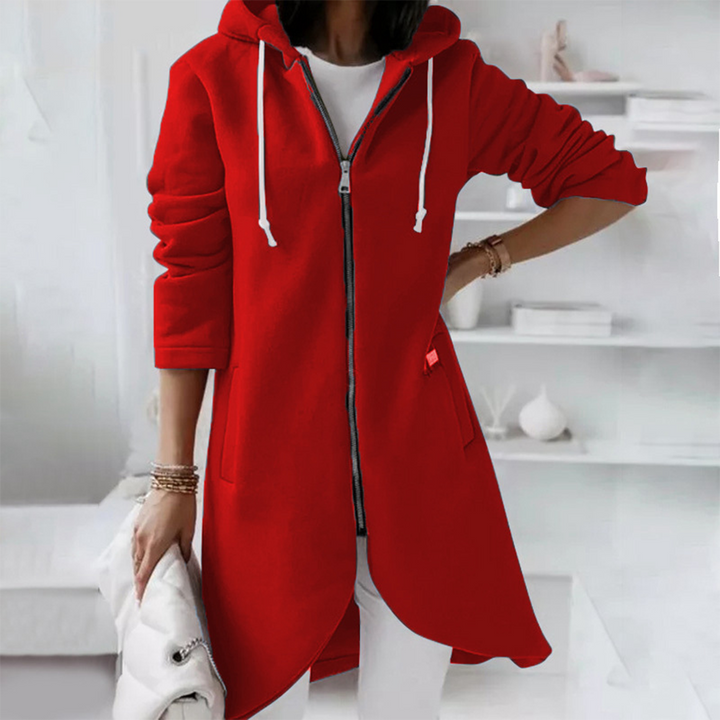 Damen Longline Zip-Up Hoodie mit Reißverschluss & Taschen für eleganten Freizeit-Look.