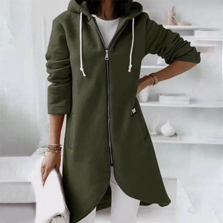Vielseitiger Damen Longline Zip-Up Hoodie mit Taschen, ideal für Freizeit & Lagenlook.
