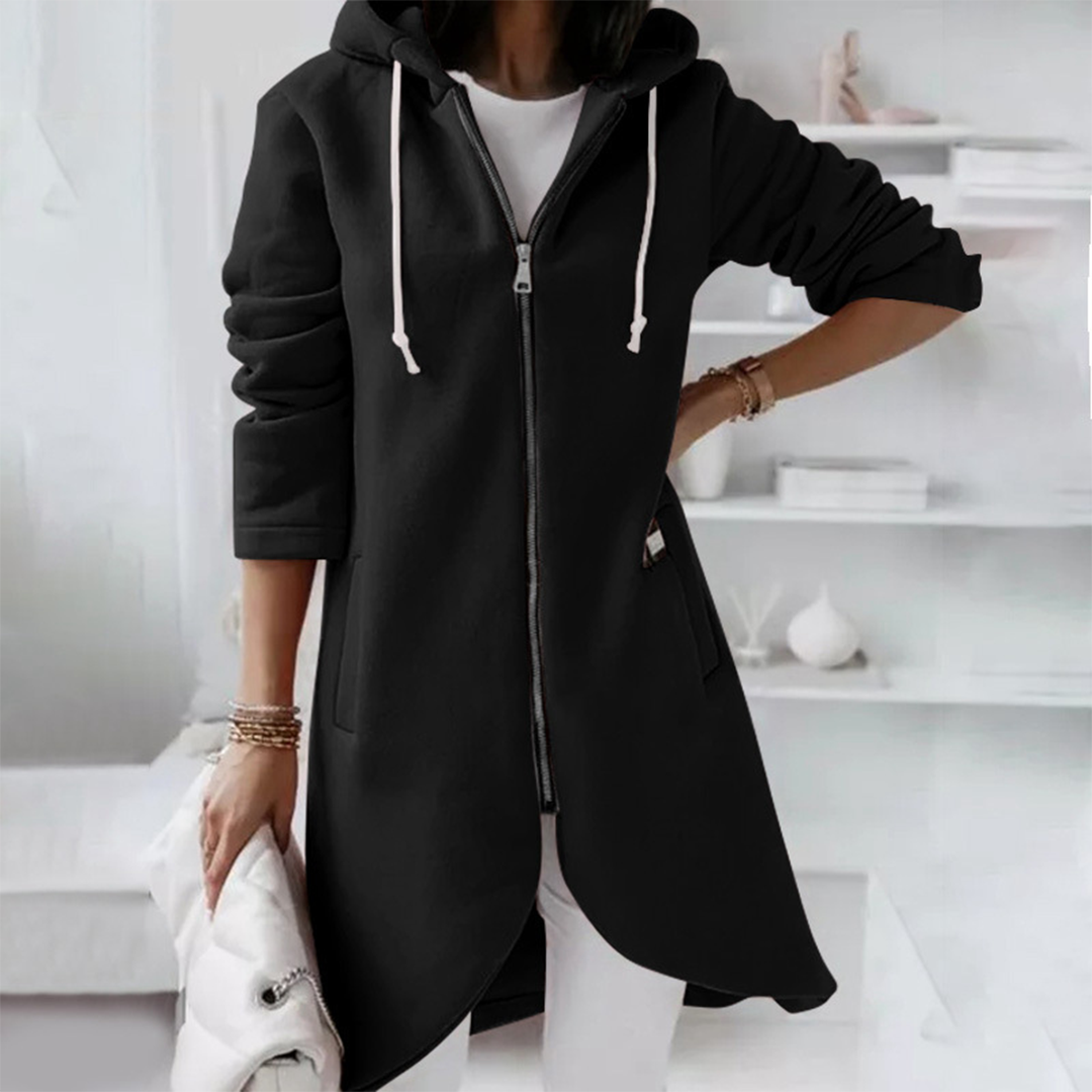 Modischer Damen Longline Zip-Up Hoodie mit Reißverschluss, Kapuze & seitlichen Taschen.