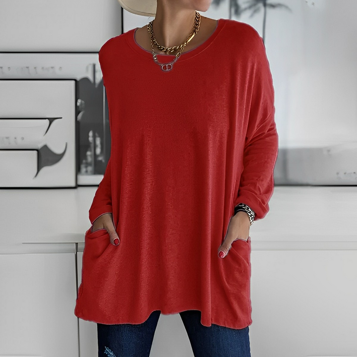 Stylischer Damen Strickpullover, langarm und mit Taschen, ideal für Freizeit & Büro im Herbst.