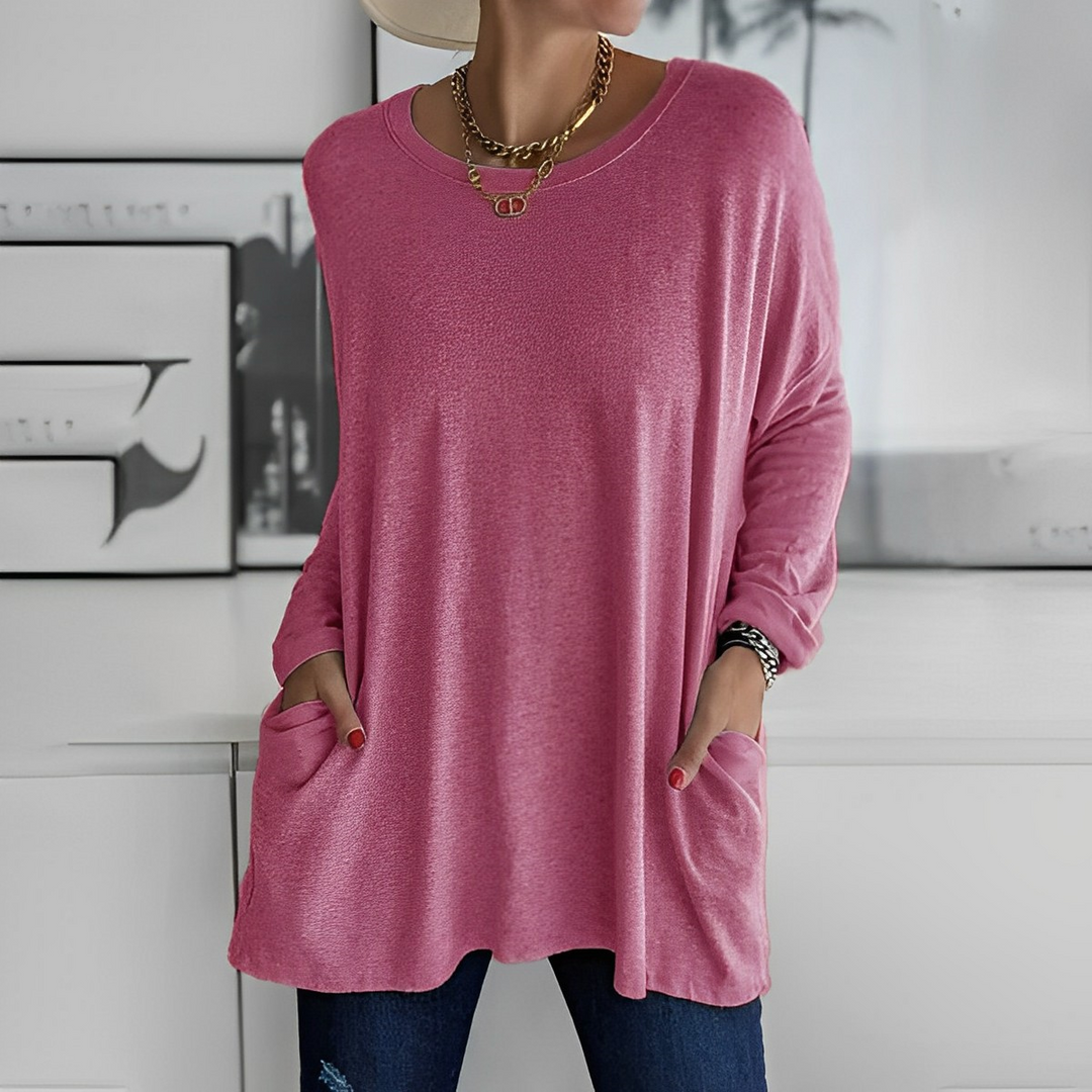 Gemütlicher Damen Langarm-Pullover mit zwei Eingrifftaschen, ideal für kühle Tage & Freizeit.
