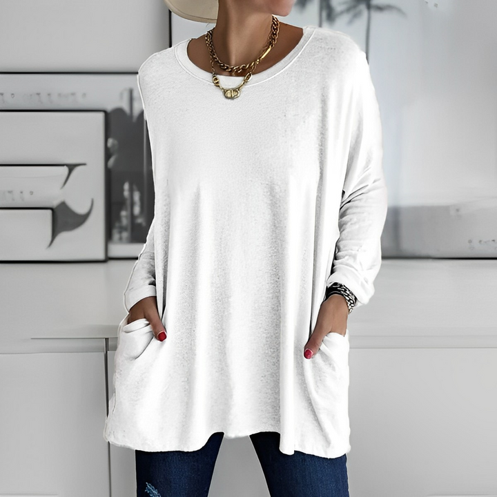 Moderner Damen Longpullover mit geräumigen Taschen, ein stylisches Oberteil für jede Gelegenheit.