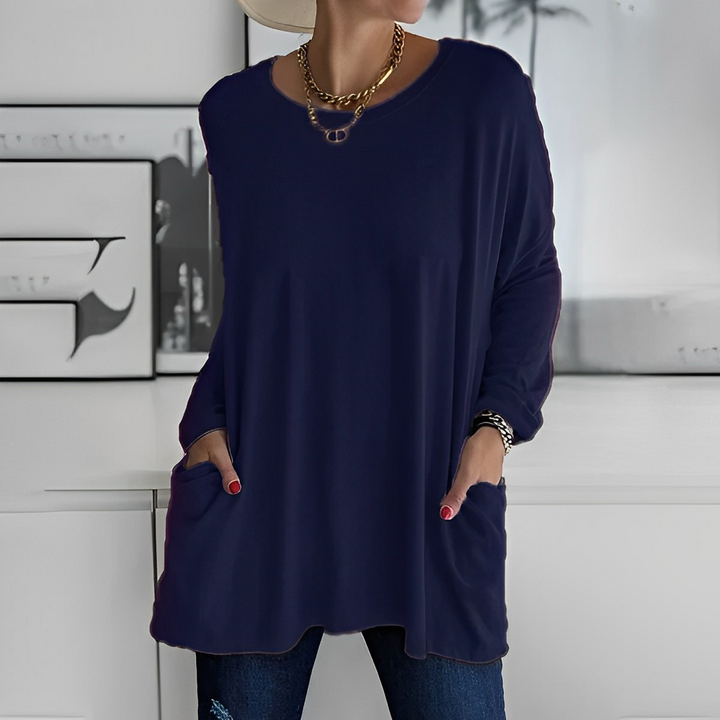 Herbst/Winter Damen Longpullover, lässig & bequem. Mit praktischen Taschen für Handy oder Schlüssel.