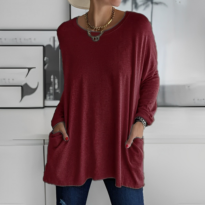 Elegantes Damen Oberteil: Longpullover-Stil mit seitlichen Taschen, perfekt für einen entspannten Look.