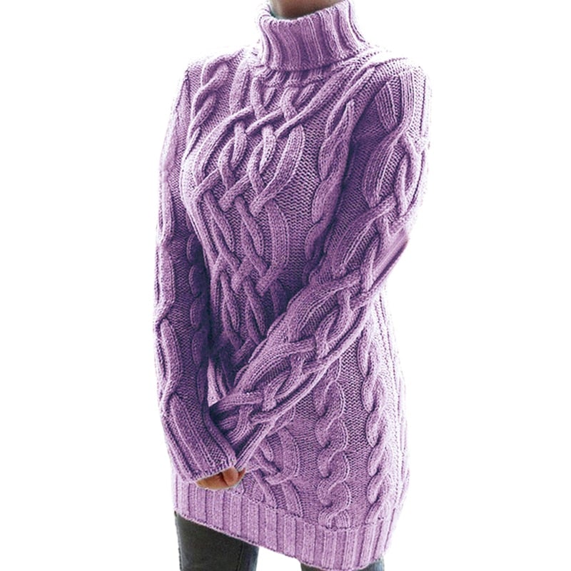 Gemütlicher Damen Rollkragenpullover, lang & gestrickt, mit schönem Zopfmuster. Perfekt für kalte Tage.