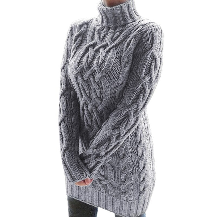 Moderner Damen Winterpullover, langer Schnitt, Zopfmuster, Rollkragen. Warm und schick für Damen.
