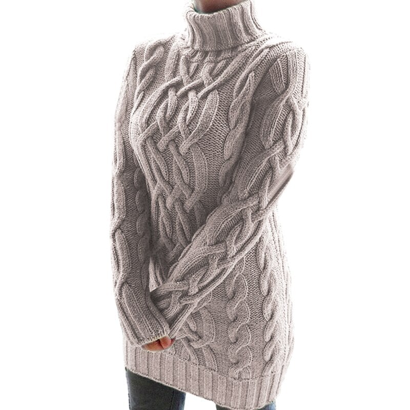 Gestrickter Damen Longpullover mit Rollkragen und feinem Zopfmuster. Vielseitig kombinierbar & bequem.