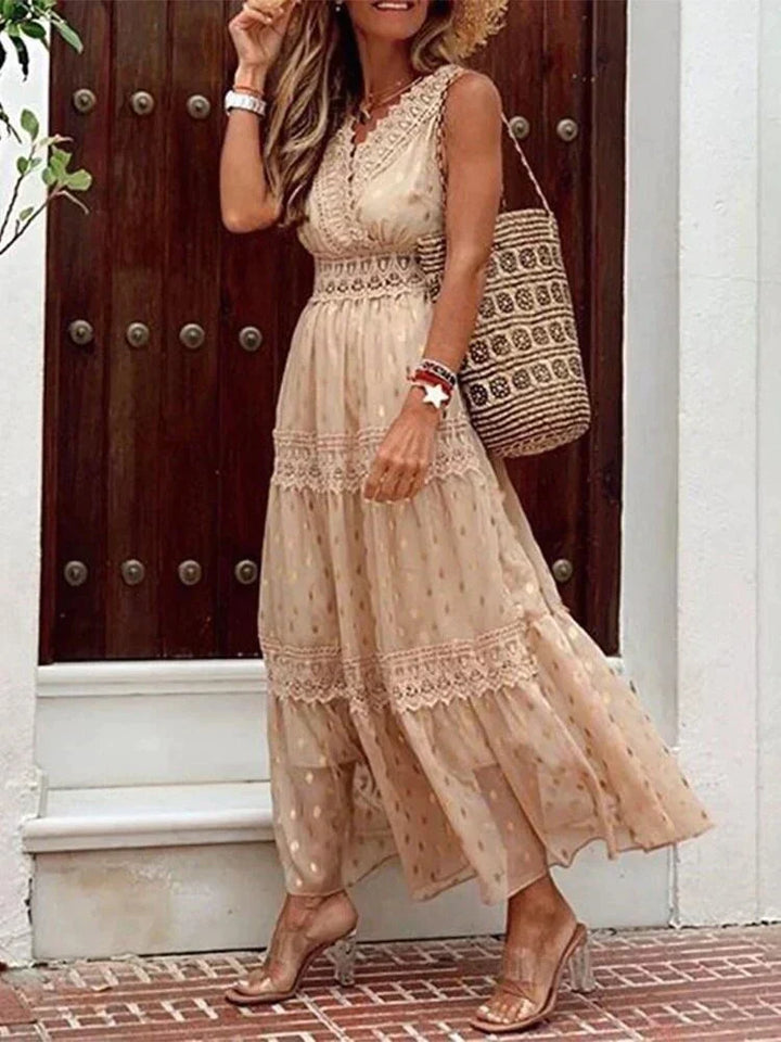 Damen Maxikleid mit Blumenmuster & Kordelzug-Taille, perfekt für sommerliche Anlässe.