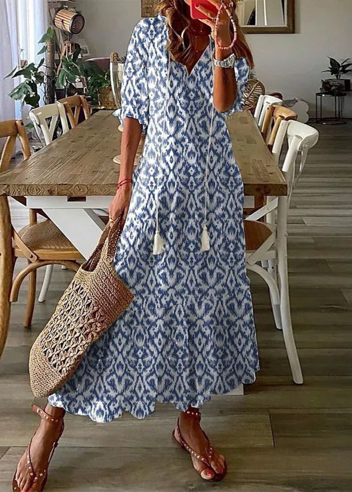Elegantes Sommer Maxikleid für Damen, Blumenprint, mit Kordelzug, perfekt als Strand- oder Urlaubskleid.