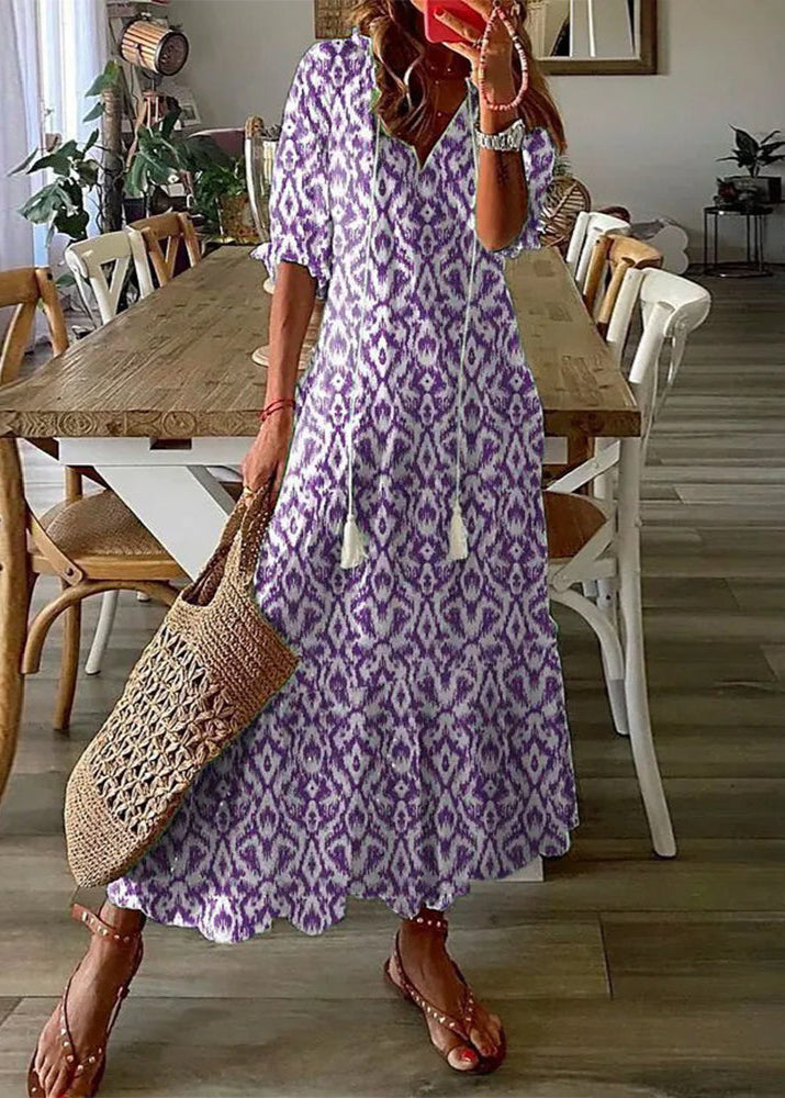 Boho Damen Maxikleid mit floralem Design und verstellbarem Kordelzug, in Blau, perfekt für den Sommer.