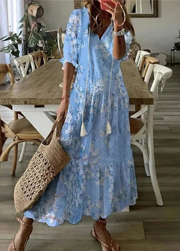 Vielseitiges Damen Maxikleid, Blumenmuster, Kordelzug, perfekt als Freizeit-, Strand- oder Urlaubskleid.
