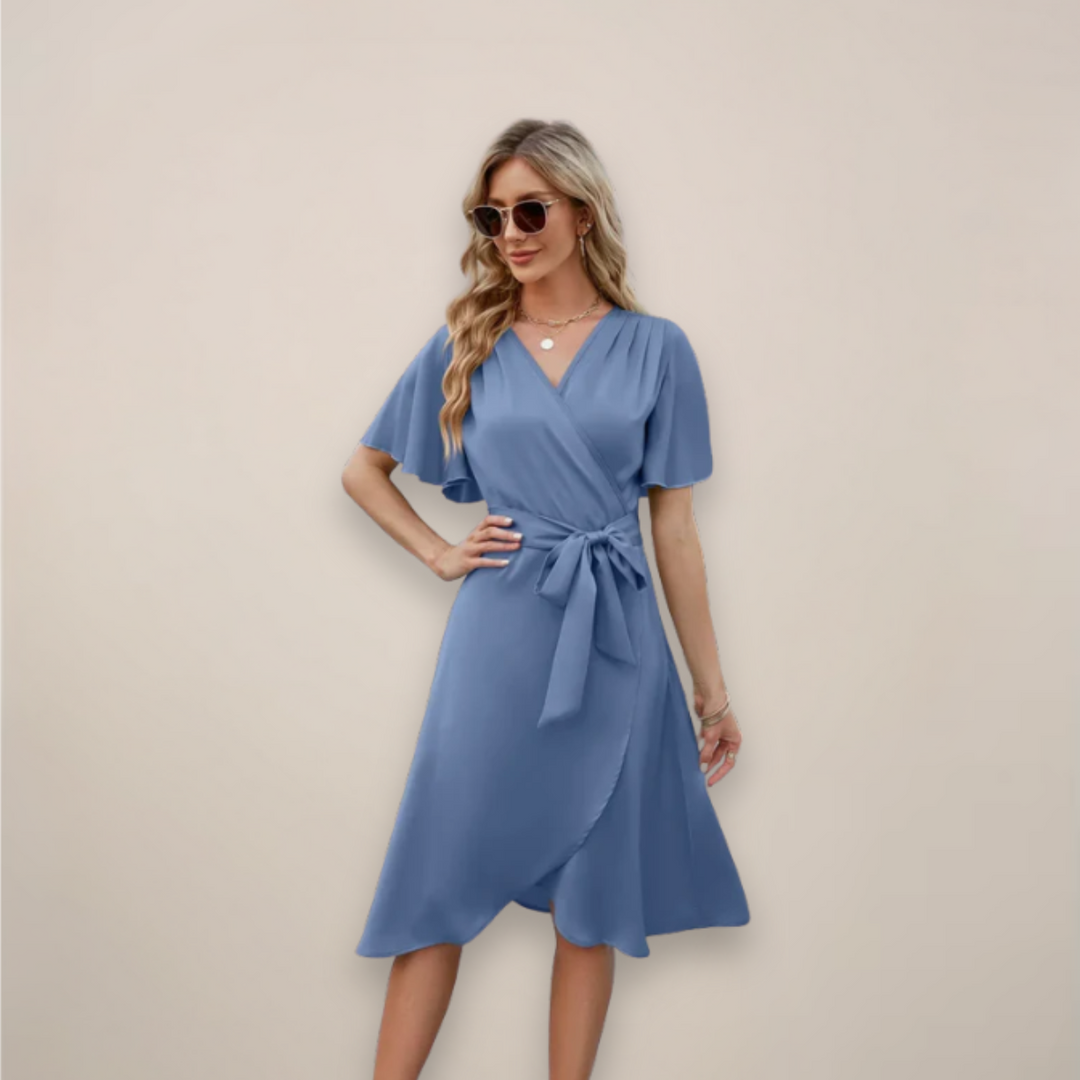 Damen Midi-Wickelkleid mit elegantem Frontknoten, perfekt als Sommer- oder Freizeitkleid.