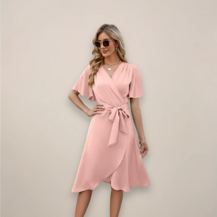 Elegantes Damen Midikleid mit Wickeloptik und Frontknoten. Ideal als leichtes Sommerkleid.