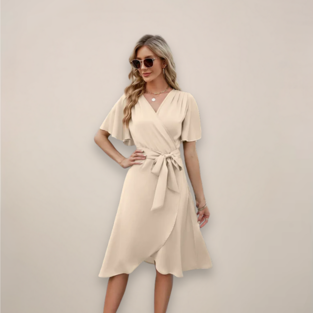 Modisches Damen Wickel-Midikleid mit Frontknoten. Vielseitiges Alltagskleid und Urlaubskleid.