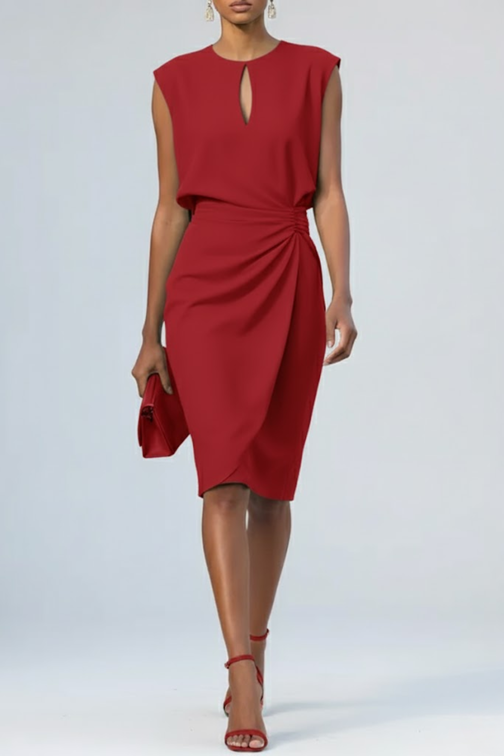Dieses elegante Damen Midikleid mit Schlüsselloch-Ausschnitt und Raffung ist ein vielseitiges Sommerkleid.